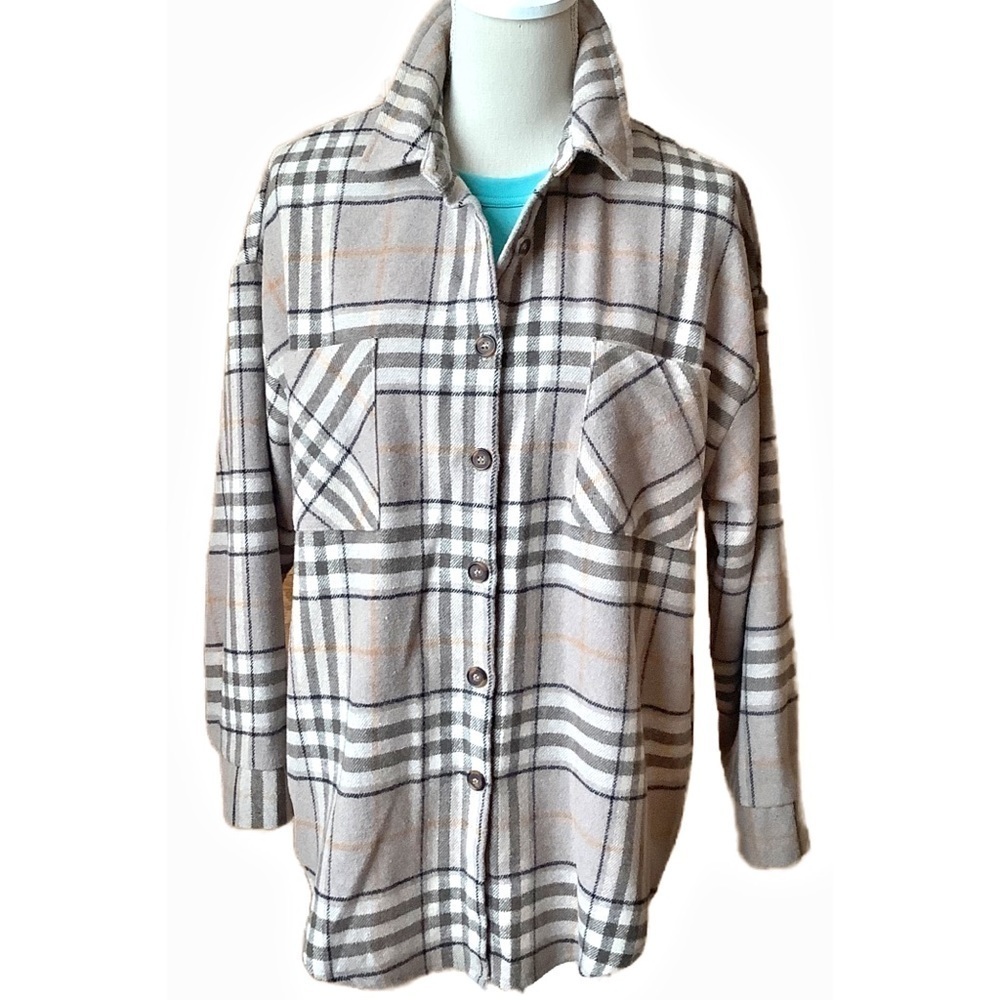 C'EST MOI Beige Plaid Oversized Shacket Shirt Jacket One Size O/S